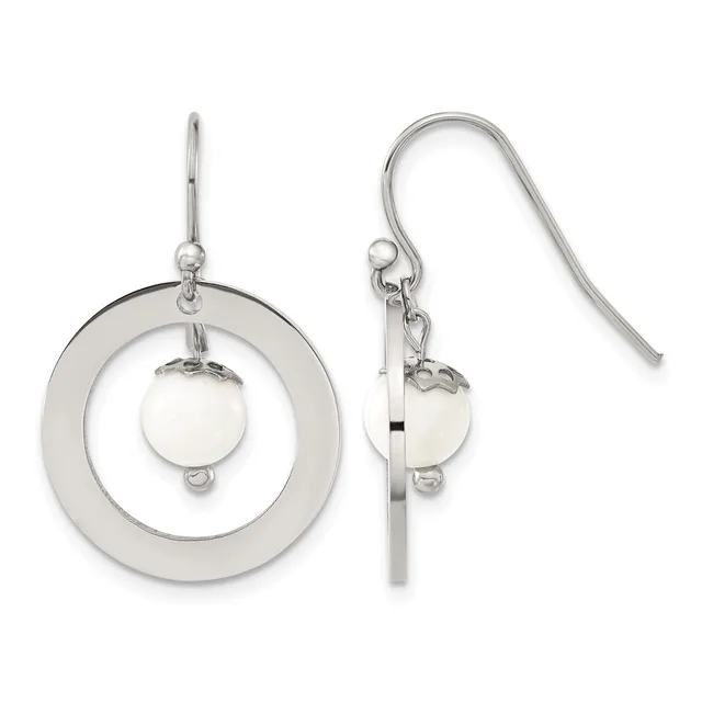 Pair of silver dangle earrings with concentric circular frames and small spheres, shown from front and side views.