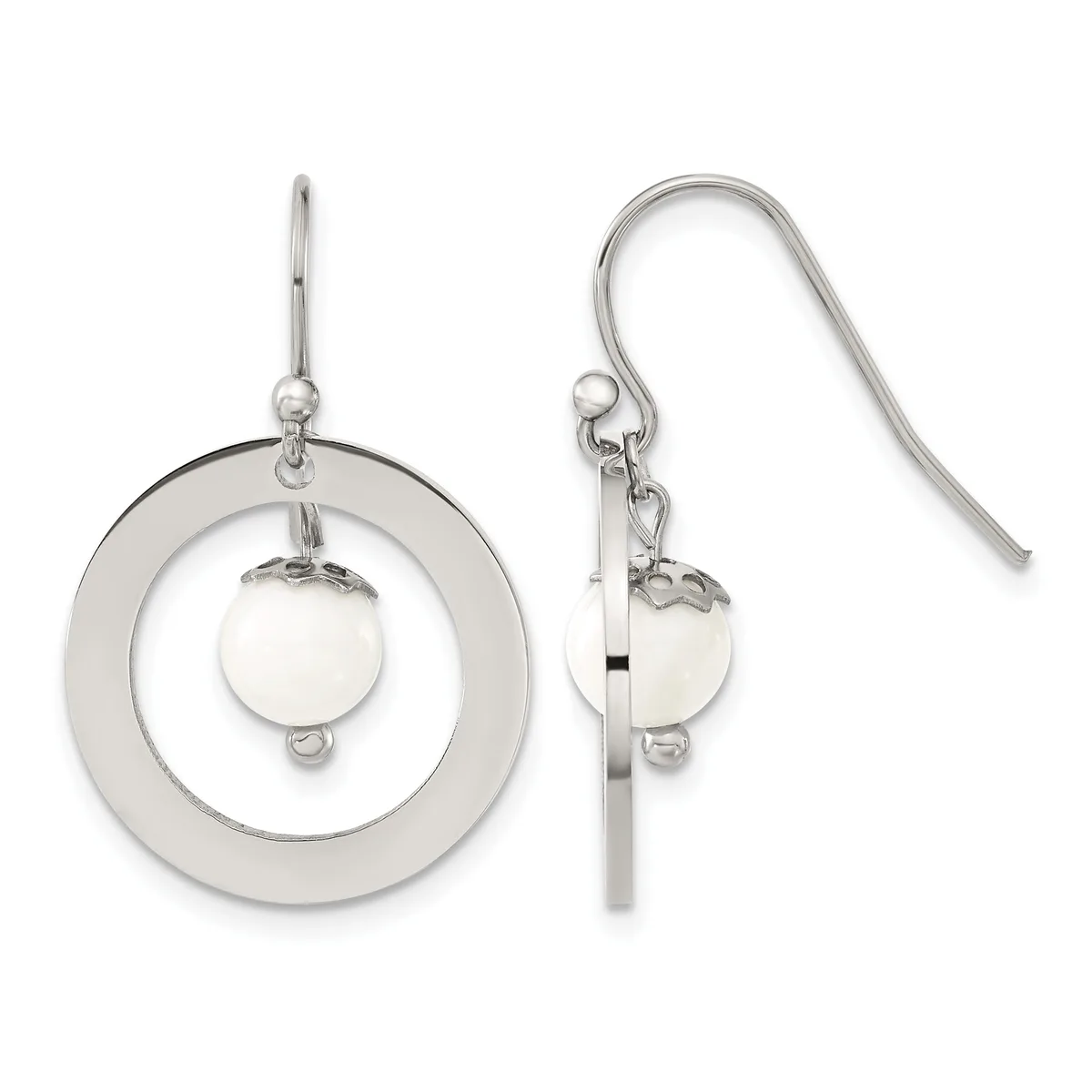 Pair of silver dangle earrings with concentric circular frames and small spheres, shown from front and side views.
