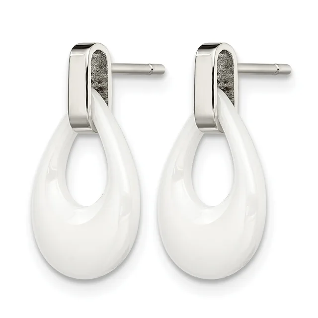 Pair of white ceramic teardrop earrings with polished silver-tone posts and backs, displayed against a white background.