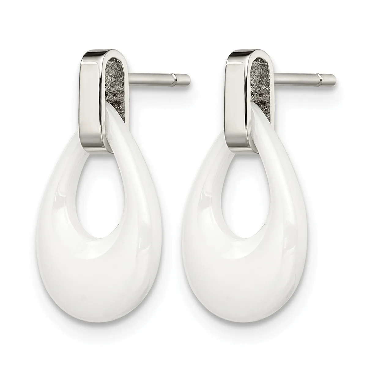 Pair of white ceramic teardrop earrings with polished silver-tone posts and backs, displayed against a white background.