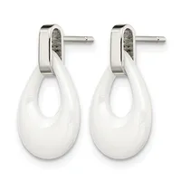 Pair of white ceramic teardrop earrings with polished silver-tone posts and backs, displayed against a white background.
