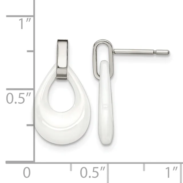 Two white enamel and silver-tone metal teardrop earrings displayed next to a measurement ruler showing approximately one inch in length.