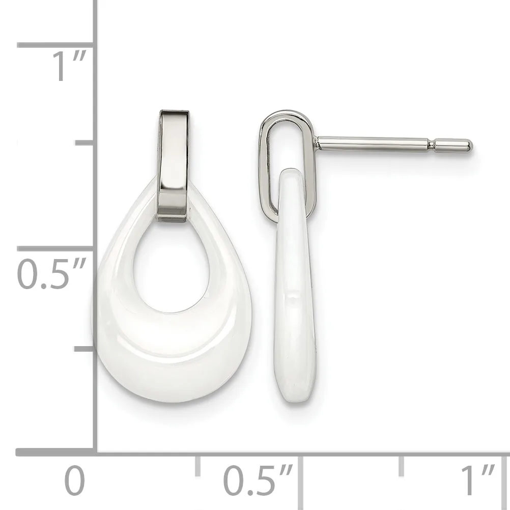 Two white enamel and silver-tone metal teardrop earrings displayed next to a measurement ruler showing approximately one inch in length.