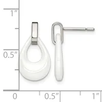 Two white enamel and silver-tone metal teardrop earrings displayed next to a measurement ruler showing approximately one inch in length.