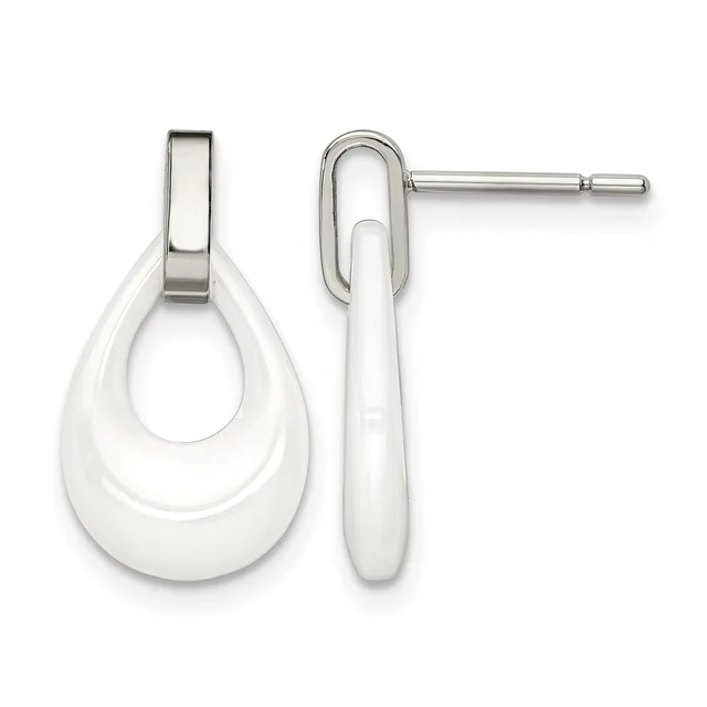 Pair of white ceramic teardrop earrings with polished silver-tone metal posts and backs, shown from front and side views.