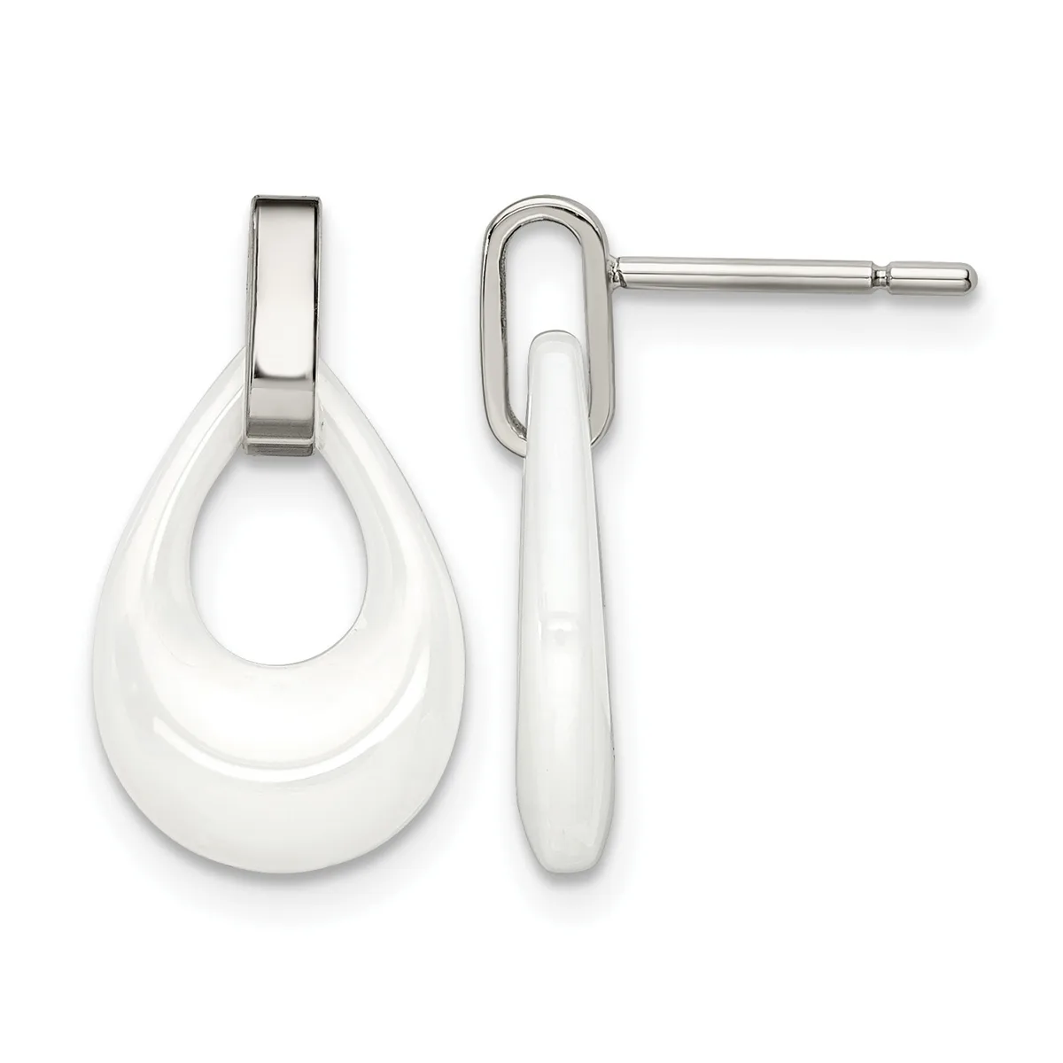 Pair of white ceramic teardrop earrings with polished silver-tone metal posts and backs, shown from front and side views.