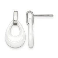 Pair of white ceramic teardrop earrings with polished silver-tone metal posts and backs, shown from front and side views.