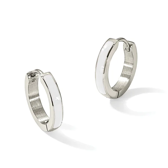 Two polished silver hoop earrings with a chunky rectangular profile and hinged closure, shown at different angles against a white background.