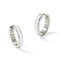 Two polished silver hoop earrings with a chunky rectangular profile and hinged closure, shown at different angles against a white background.
