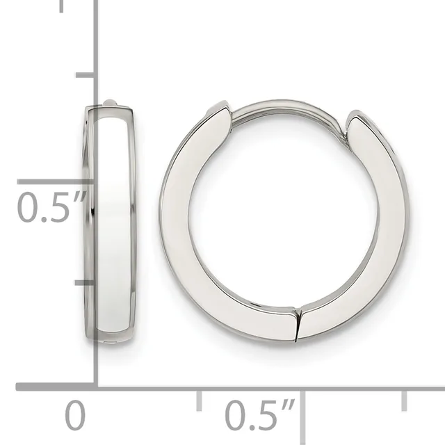 Polished silver-tone chunky hoop earrings with a hinged closure, shown front and side view with a measurement scale indicating approximately 0.5 inch diameter.