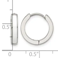 Polished silver-tone chunky hoop earrings with a hinged closure, shown front and side view with a measurement scale indicating approximately 0.5 inch diameter.