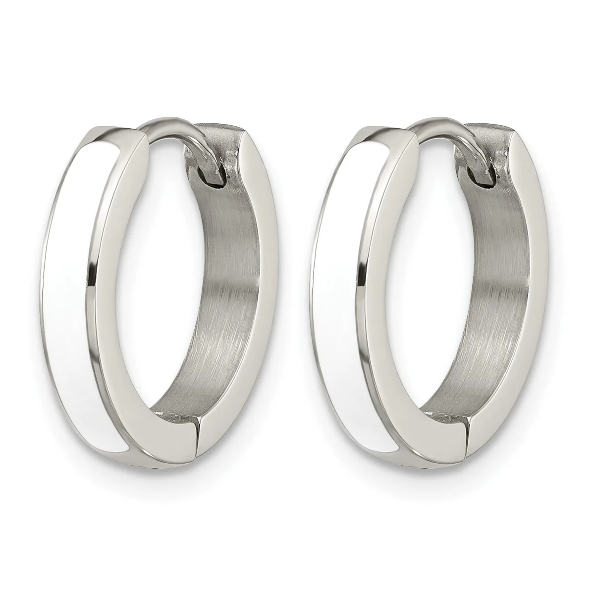 A pair of polished silver-toned hoop earrings with a brushed finish on the inner surface, shown from a front view against a white background.