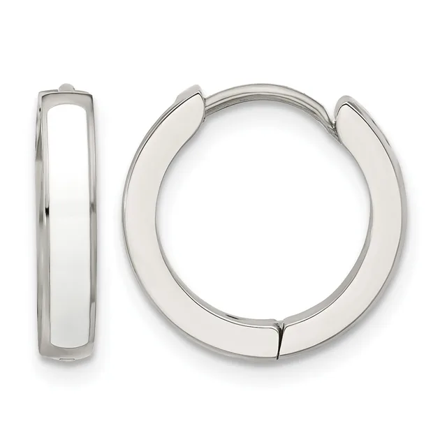 A pair of polished silver hoop earrings shown from the front and side views, featuring a thick rounded profile and hinged closure.