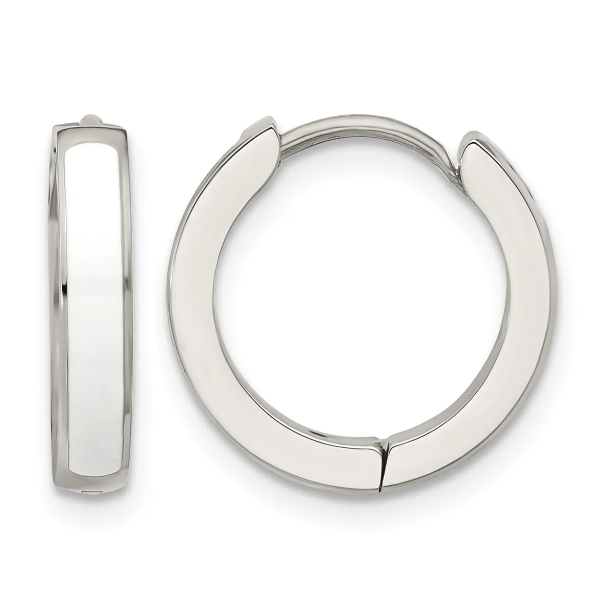 A pair of polished silver hoop earrings shown from the front and side views, featuring a thick rounded profile and hinged closure.