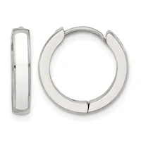 A pair of polished silver hoop earrings shown from the front and side views, featuring a thick rounded profile and hinged closure.