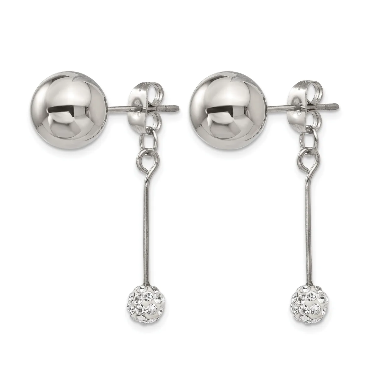 Pair of silver drop earrings with polished ball studs and chain-suspended crystal rhinestone charms.