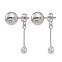 Pair of silver drop earrings with polished ball studs and chain-suspended crystal rhinestone charms.