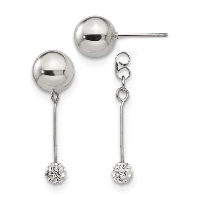 Two pairs of silver ball drop earrings, one with plain polished spheres and posts, the other with polished spheres suspended above crystal-embellished ball charms.