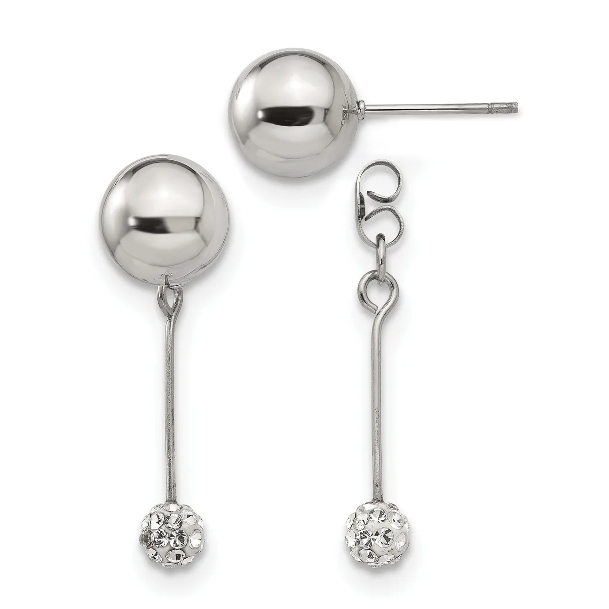 Two pairs of silver ball drop earrings, one with plain polished spheres and posts, the other with polished spheres suspended above crystal-embellished ball charms.