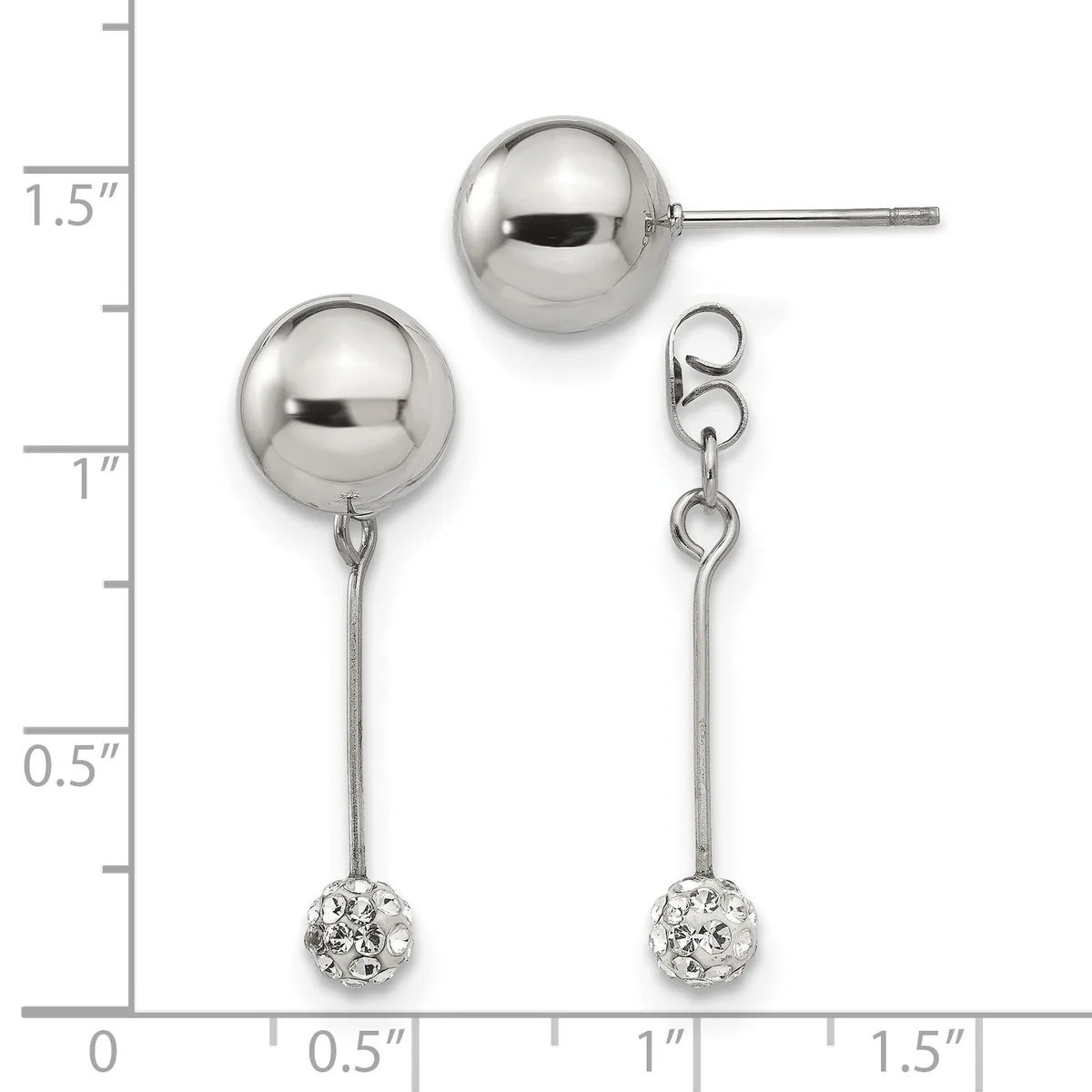 Two pairs of silver earrings displayed against a measurement scale: ball studs and dangle earrings with crystal-embellished spheres, each approximately one inch long.