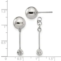 Two pairs of silver earrings displayed against a measurement scale: ball studs and dangle earrings with crystal-embellished spheres, each approximately one inch long.