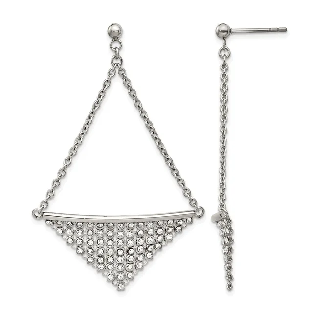 Pair of silver-tone dangle earrings with chain posts featuring triangular pendants adorned with rhinestones arranged in a geometric pattern.