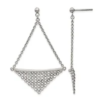 Pair of silver-tone dangle earrings with chain posts featuring triangular pendants adorned with rhinestones arranged in a geometric pattern.