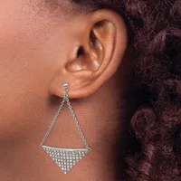 A silver-toned dangle earring with a triangular geometric design featuring rhinestone embellishments on the lower half, hanging from a chain attached to an earlobe.