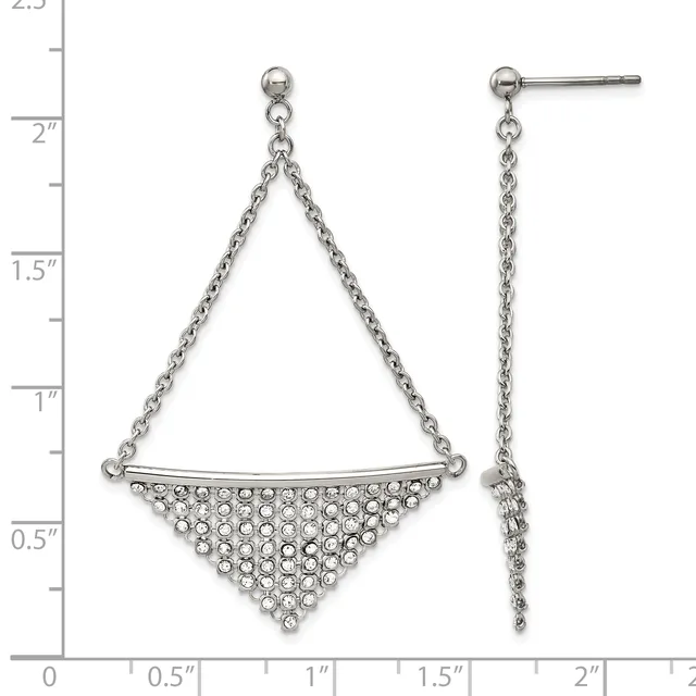 Pair of silver-tone dangle earrings with chain and a triangular pendant decorated with rhinestones, shown against a ruler measuring up to 2.5 inches.
