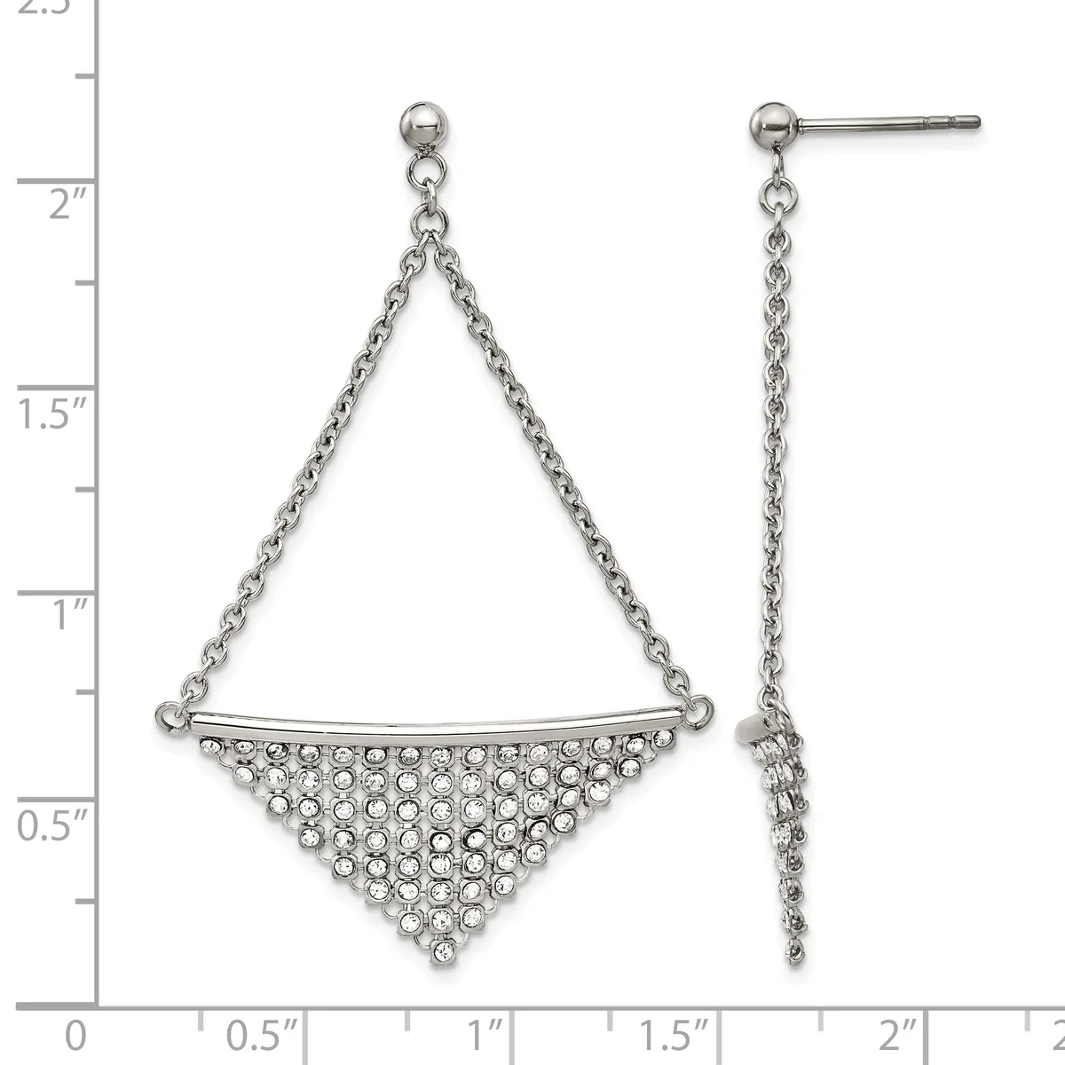 Pair of silver-tone dangle earrings with chain and a triangular pendant decorated with rhinestones, shown against a ruler measuring up to 2.5 inches.