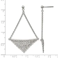 Pair of silver-tone dangle earrings with chain and a triangular pendant decorated with rhinestones, shown against a ruler measuring up to 2.5 inches.