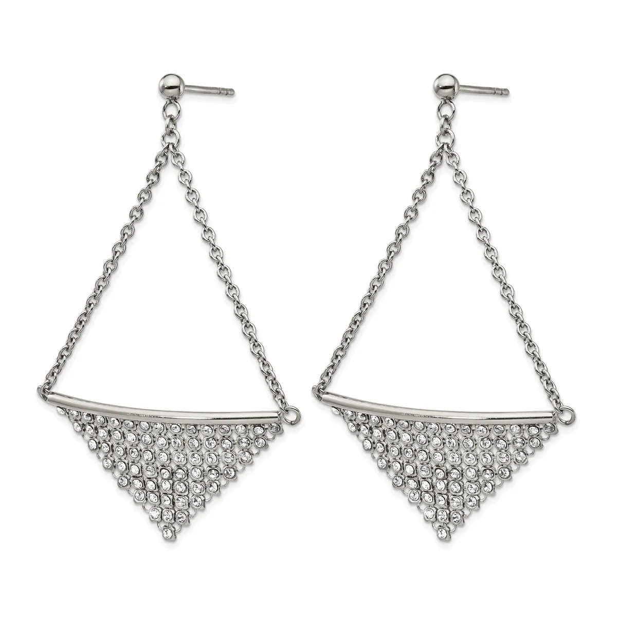 A pair of silver-tone dangle earrings featuring triangular chain frames with crystal-embellished inverted triangle pendants hanging from stud posts.