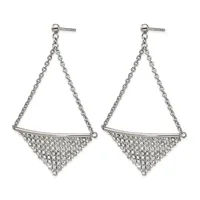 A pair of silver-tone dangle earrings featuring triangular chain frames with crystal-embellished inverted triangle pendants hanging from stud posts.