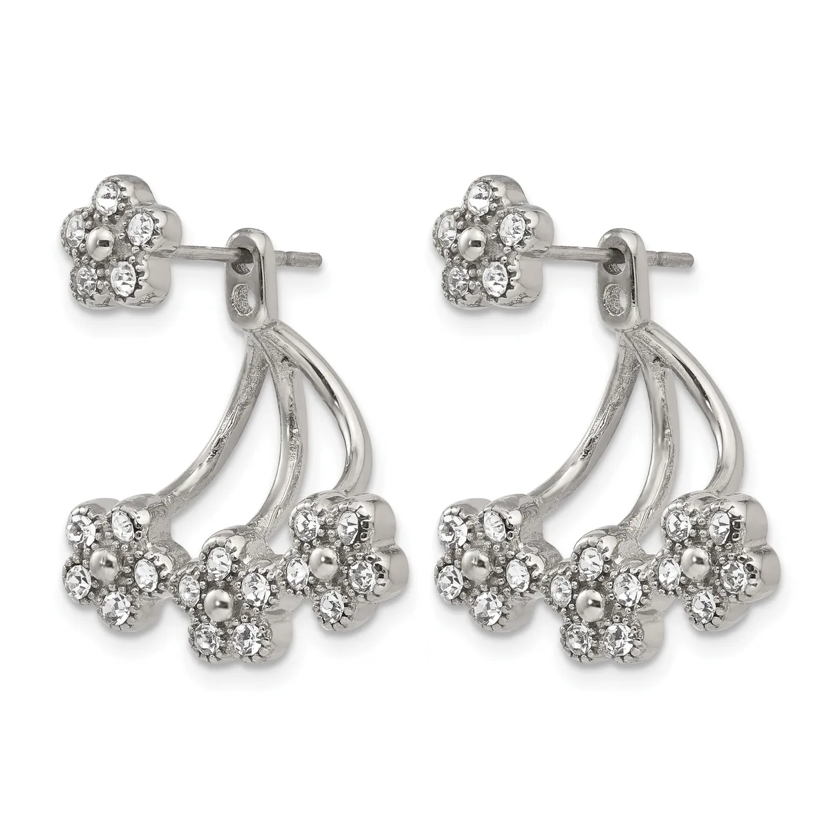 Pair of silver-toned chandelier earrings with cluster studs at the top and multiple dangling flower-shaped pendants adorned with round crystals throughout.