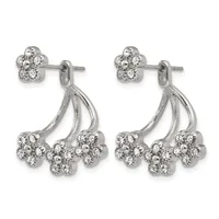 Pair of silver-toned chandelier earrings with cluster studs at the top and multiple dangling flower-shaped pendants adorned with round crystals throughout.