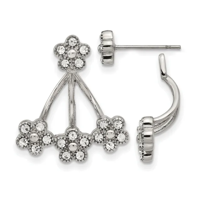 A pair of silver chandelier earrings with crystal rhinestone flower clusters dangling from curved posts, shown from front and back views.