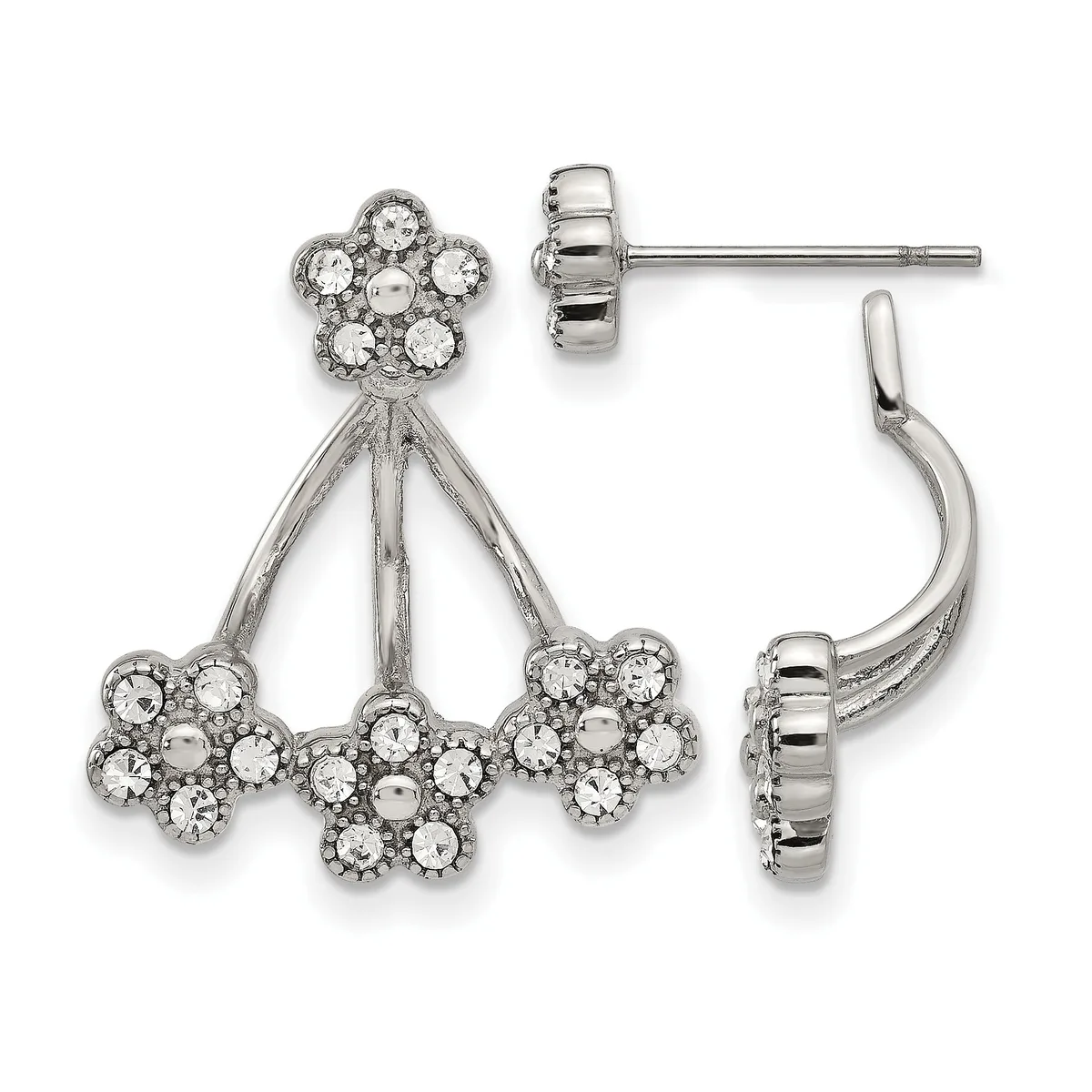 A pair of silver chandelier earrings with crystal rhinestone flower clusters dangling from curved posts, shown from front and back views.