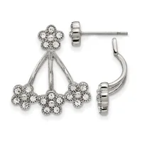 A pair of silver chandelier earrings with crystal rhinestone flower clusters dangling from curved posts, shown from front and back views.