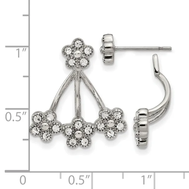 Pair of rhodium-plated silver cubic zirconia flower cluster earrings with stud tops and curved jackets, shown front and back views against a measurement scale.