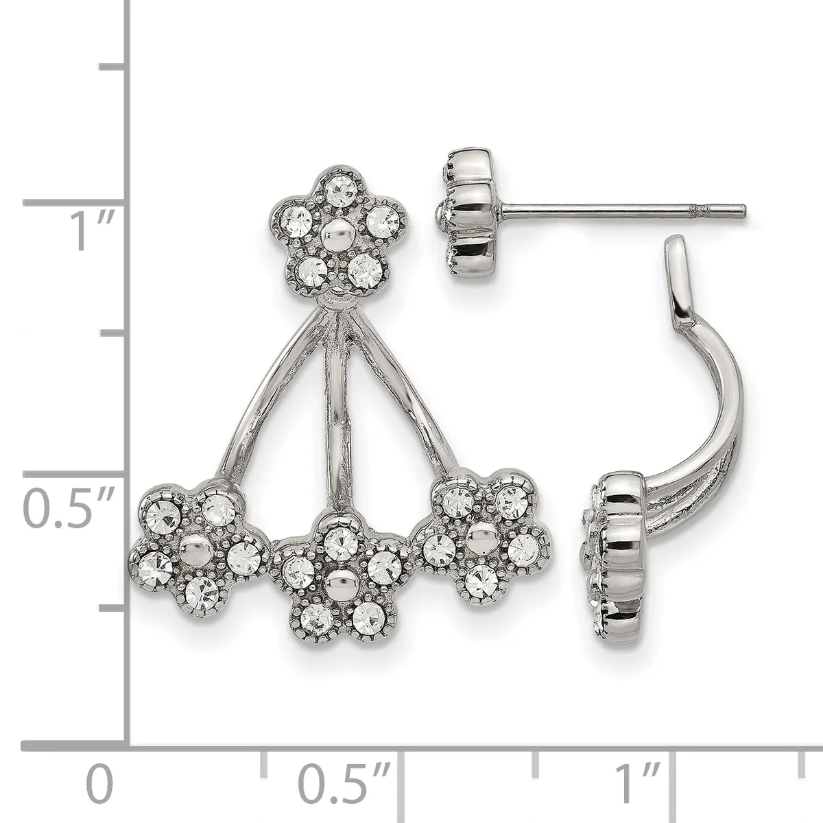 Pair of rhodium-plated silver cubic zirconia flower cluster earrings with stud tops and curved jackets, shown front and back views against a measurement scale.
