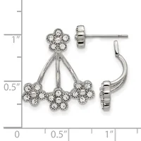 Pair of rhodium-plated silver cubic zirconia flower cluster earrings with stud tops and curved jackets, shown front and back views against a measurement scale.