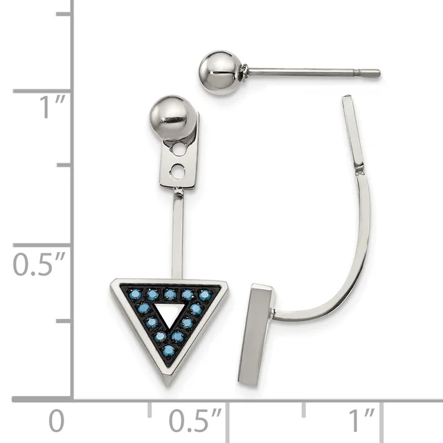 Stainless steel earrings with blue stone-set inverted triangle pendants and removable ball studs, displayed on a ruler showing approximately one inch in length.