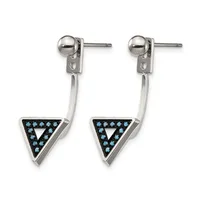 Pair of silver drop earrings with ball posts featuring triangular pendants set with turquoise stones and a white enamel triangle in the center.