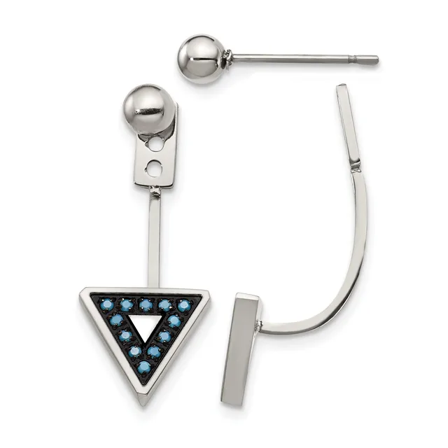 Pair of silver earrings consisting of a ball stud on one side and a triangular charm with blue stones hanging from a curved post on the other.