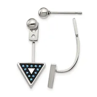 Pair of silver earrings consisting of a ball stud on one side and a triangular charm with blue stones hanging from a curved post on the other.