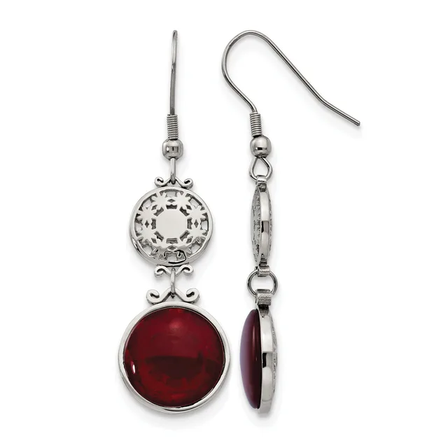 A pair of silver-tone dangle earrings featuring ornate circular connectors above deep red cabochon stones, displayed front and back views.