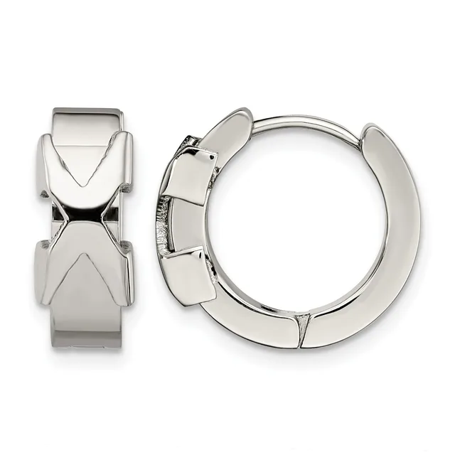 Pair of polished silver-toned hinged hoop earrings with geometric chevron pattern detailing, shown from front and side views.