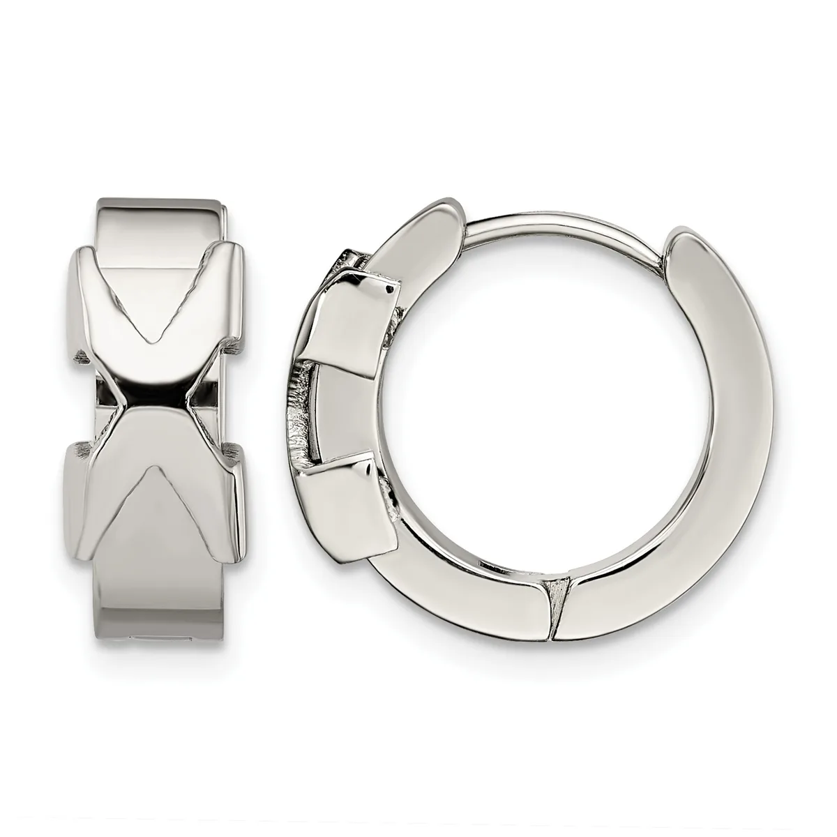 Pair of polished silver-toned hinged hoop earrings with geometric chevron pattern detailing, shown from front and side views.