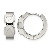 Pair of polished silver-toned hinged hoop earrings with geometric chevron pattern detailing, shown from front and side views.