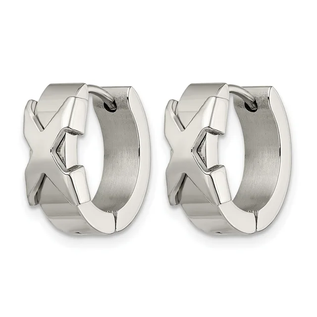 A pair of polished silver-toned chunky hoop earrings with geometric cutout designs on the front, shown from the front and back.